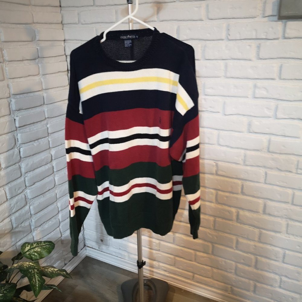 Nautica Men's Size XL Multi Colored Striped Round Neck Loose Fit Sweater